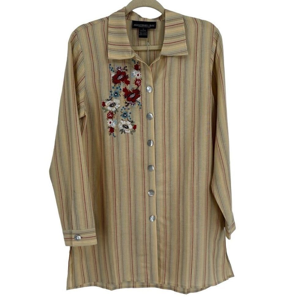 MONTEREY BAY Clothing Company Embroidered Long Sleeve Linen Blend Blouse Size 8